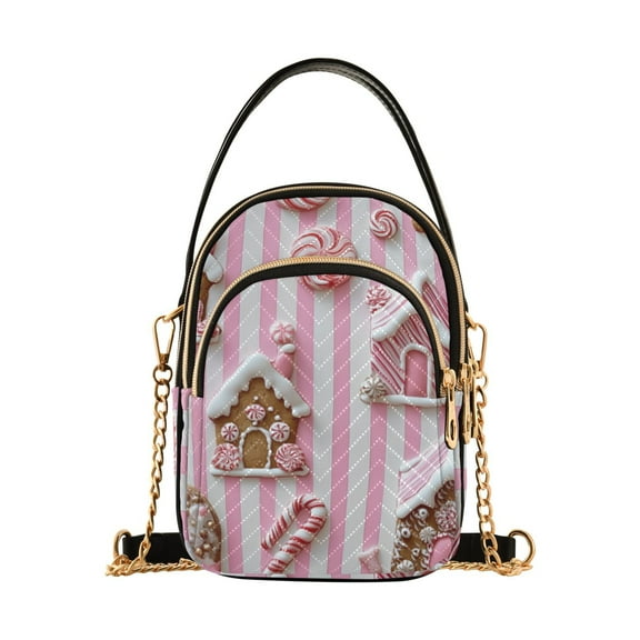 FORMRS Crossbody Bag for Women Quilted Travel Shoulder Cell Phone Purse with Chain Strap Handbag, Pink Gingerbread Houses