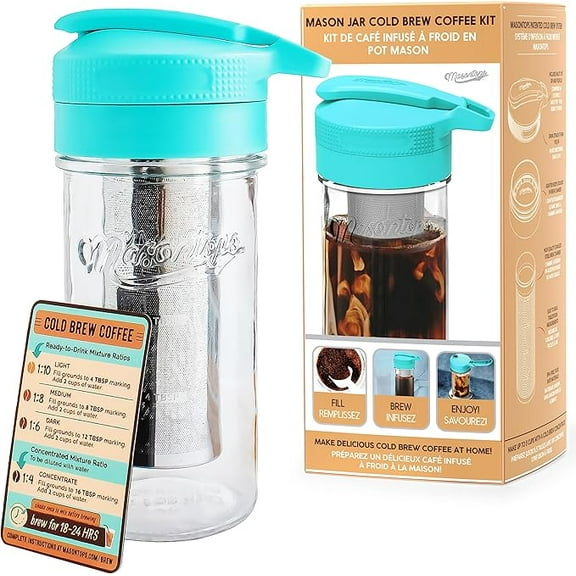 Masontops Cold Brew Makers Kit - Deluxe Iced Coffee Maker with Glass Pitcher & Stainless Steel Mesh Filter - Easy Pour Fridge Cold Brewer System