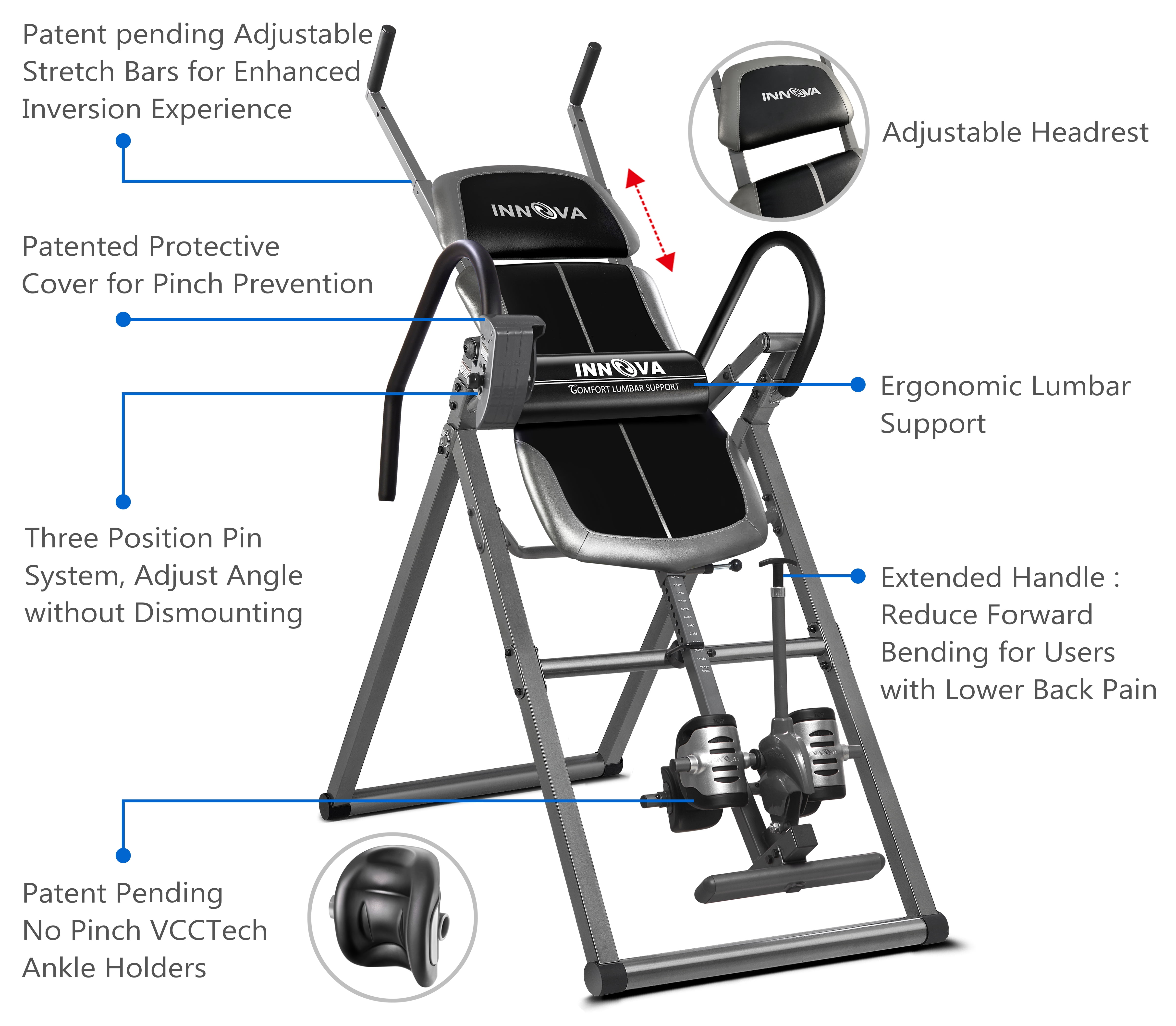 Innova Health and Fitness ITX1200 Inversion Table with Adjustable Stretch Bars Black/Gray