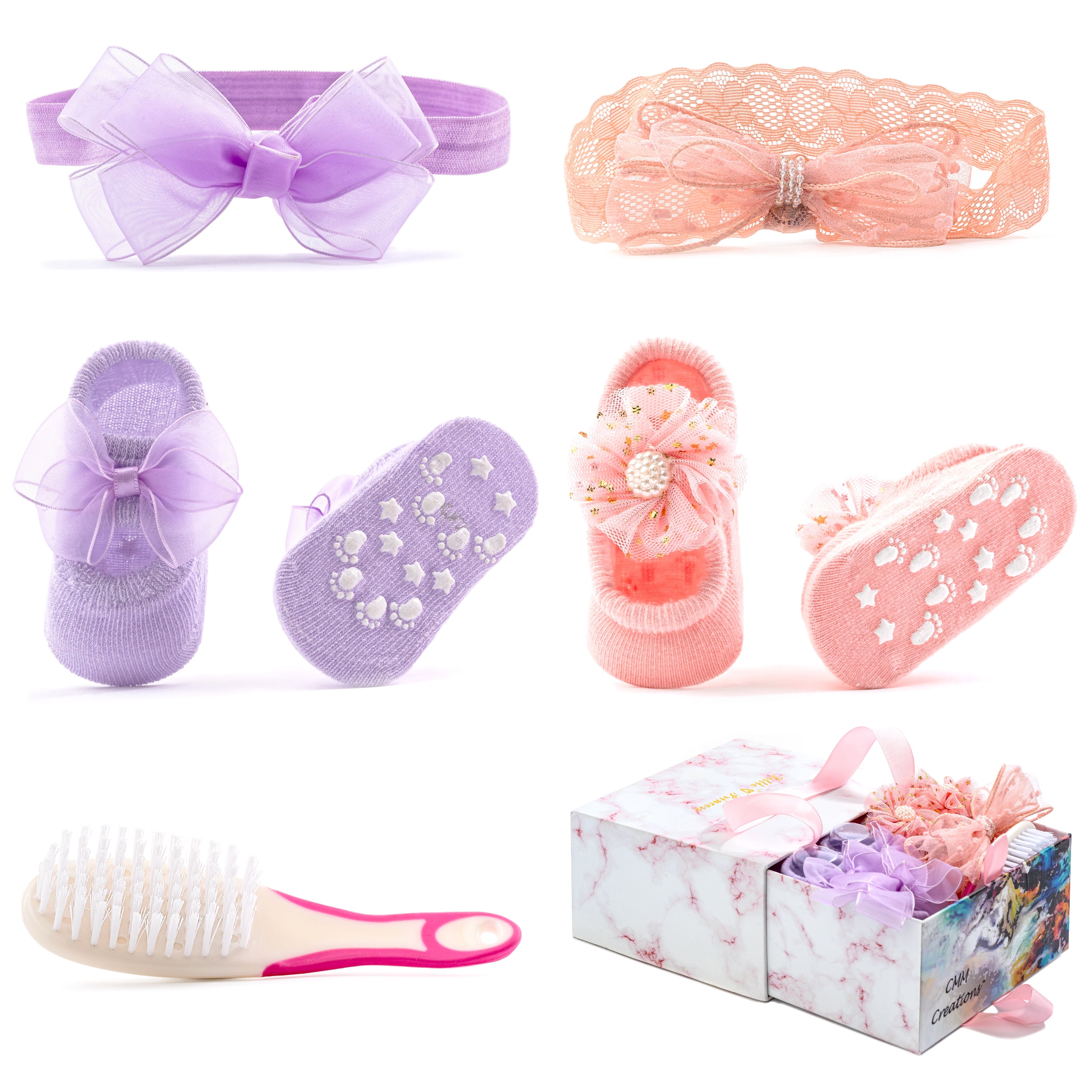 CMM CREATIONS, Baby girl Gift set, hair brush, headbands and infant booties with bows, perfect for baby showers, gift registry or Mother’s Day gift, ideal for newborn photography, 5 pcs purple, pink