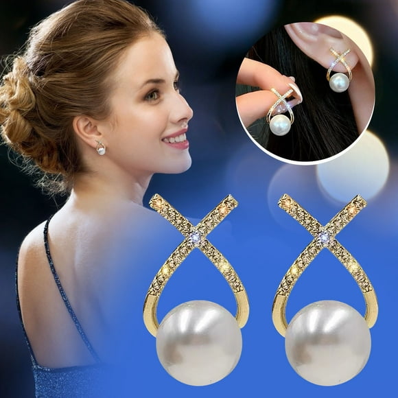 HomeKingdee X Letter Natural Pearl Earrings - Fashion Gold Color​ Color Pearl Ear Studs with Metal Needle for Women Girls Jewelry Gift