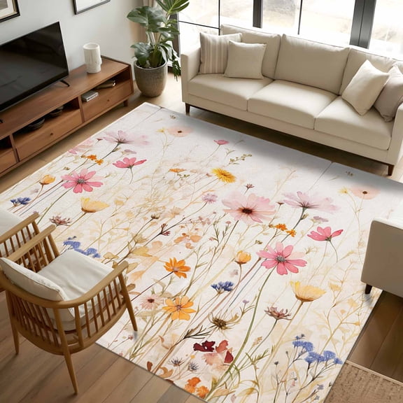 6x9 Area Rugs, Spring Floral Non-Skid Rubber Backing Large Rectangle Rugs - Living Room Bedroom Home Office, Pastoral Botanical Summer Flowers Vintage Indoor Floor Mat Carpets Washable Rug