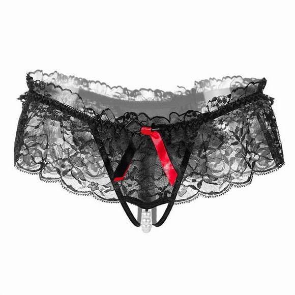 Tangas de malla con encaje floral, bragas con lazo y entrepierna abierta con perlas artificiales, lencería y ropa interior sexy para mujer