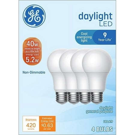 GE Basic LED Light Bulbs 5.2 Watt (40 Watt Equivalent) Daylight  A19 Bulb Shape  Medium Base (4 Pack)
