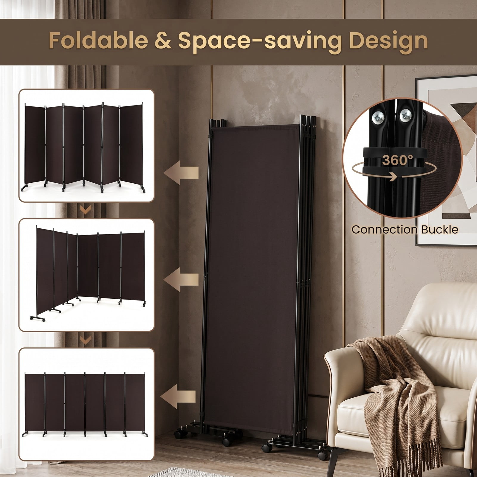 ALPULON 6 Panel Rolling Room Divider on Wheels, 5.7 Feet Tall Freestanding Folding Privacy Screen, Woven Fabric Partition for Home Office Bedroom Dormitory, Walnut
