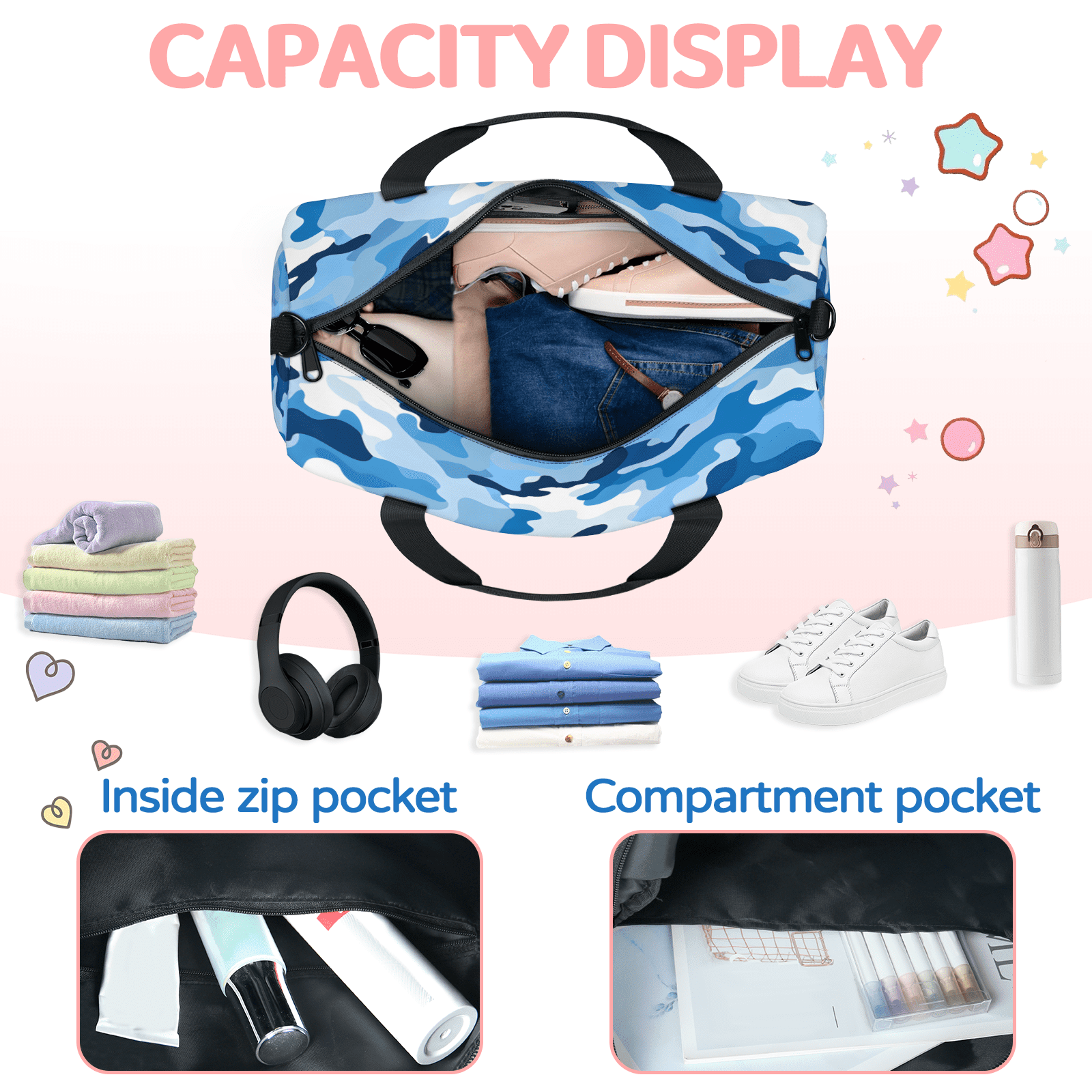 Herdesigns Blue Gym Bag for Women, Duffle Bag for Travel Sport, Camo Lightweight Waterproof Carry on Weekender Dance Yoga Workout Bags