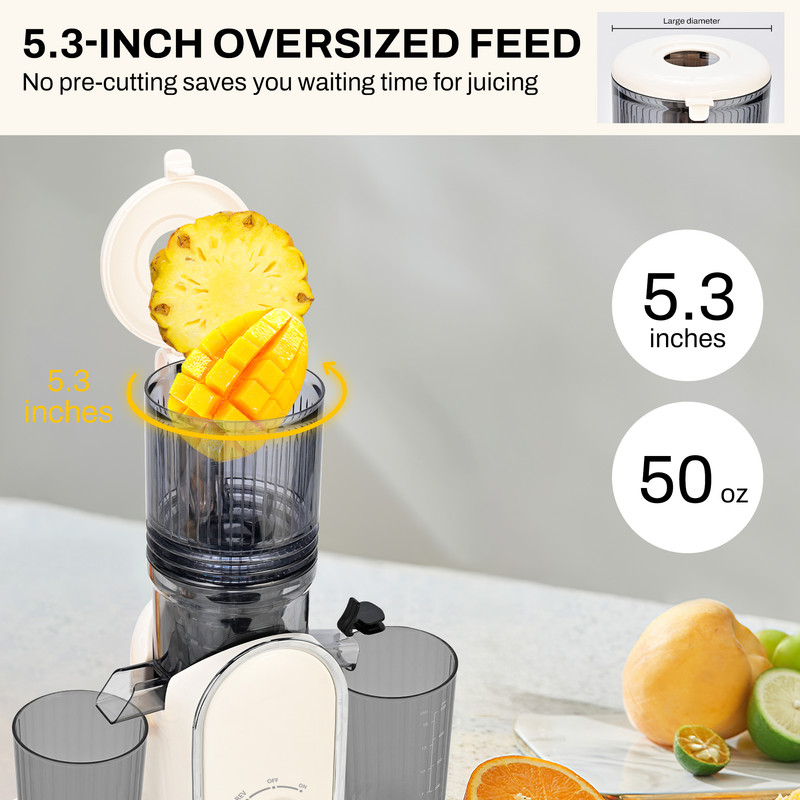 Cold Press Slow Juicer with 5.3" Extra-Wide Feed Chute, One-Touch Operation & Auto Shut-Off, High Juice Output, Effortless Cleaning, Includes Juice & Pulp Containers, 300W (Beige)