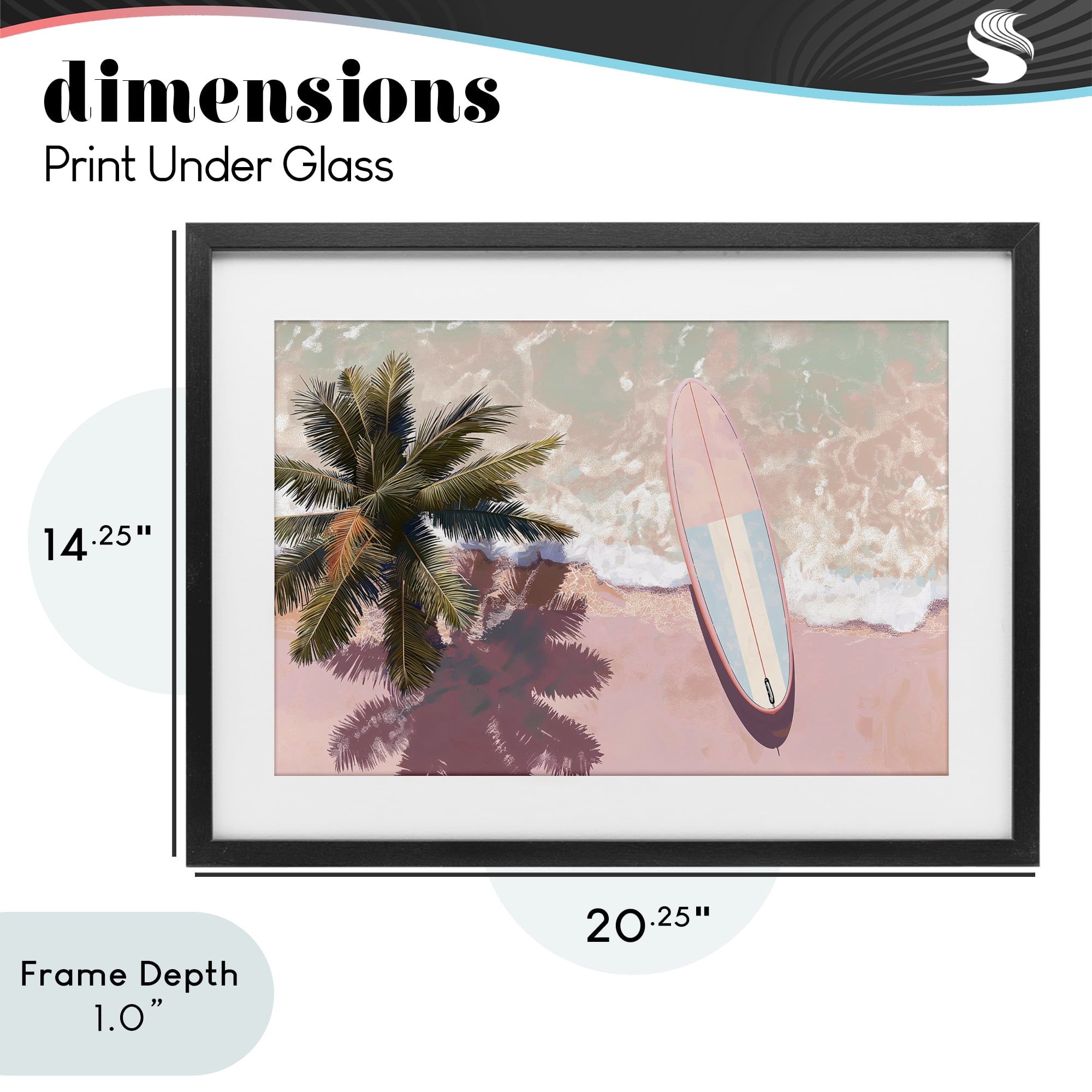 Stupell Industries Blush Pink Surfboard & Palm Black Framed Print Under Glass, design by Jacky Ngan