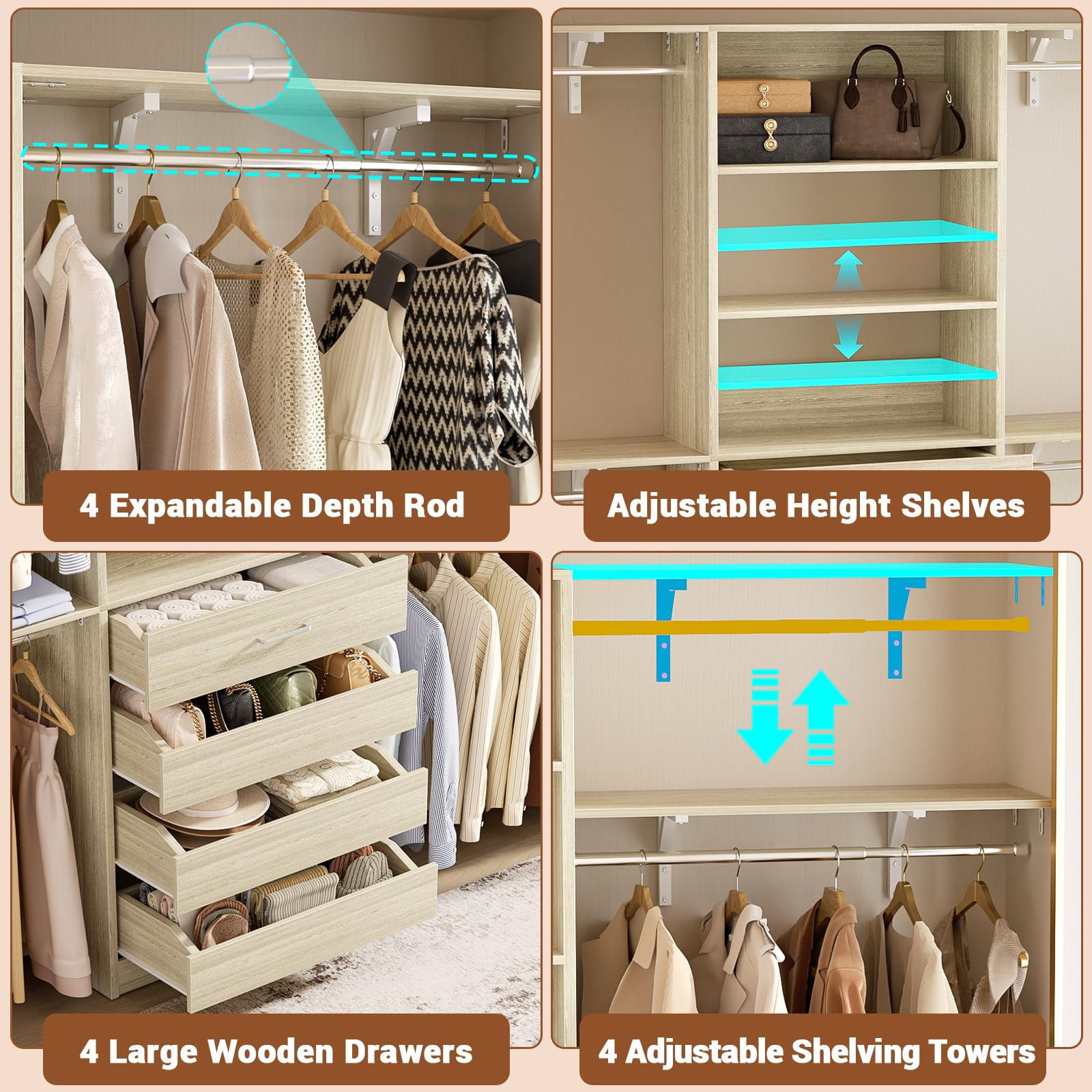 Homieasy 8FT Closet Organizer System with 4 Wooden Drawers & Hanging Rods ,Wooden Heavy-Duty Wardrobe Rack,Adjustable Storage Tower for Walk-In Closets ,White Oak