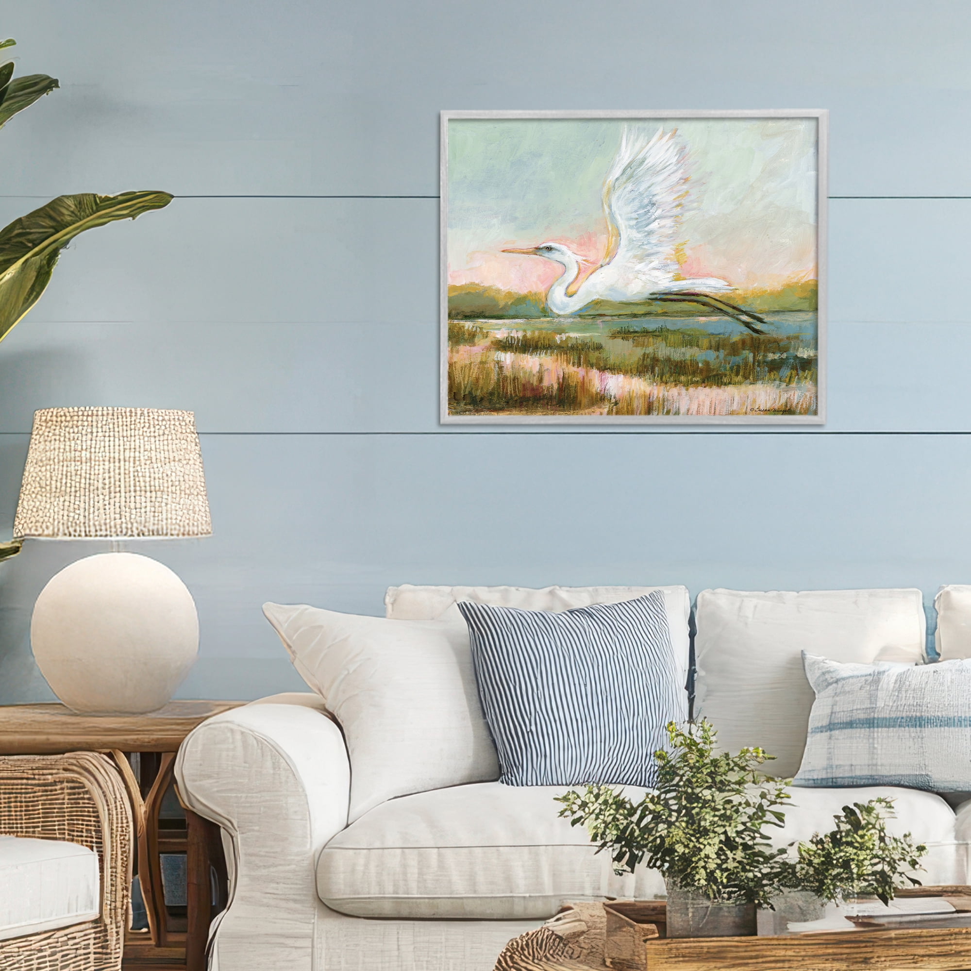 Stupell Industries White Heron Flying Gray Framed Giclee Art, design by Susan Winget