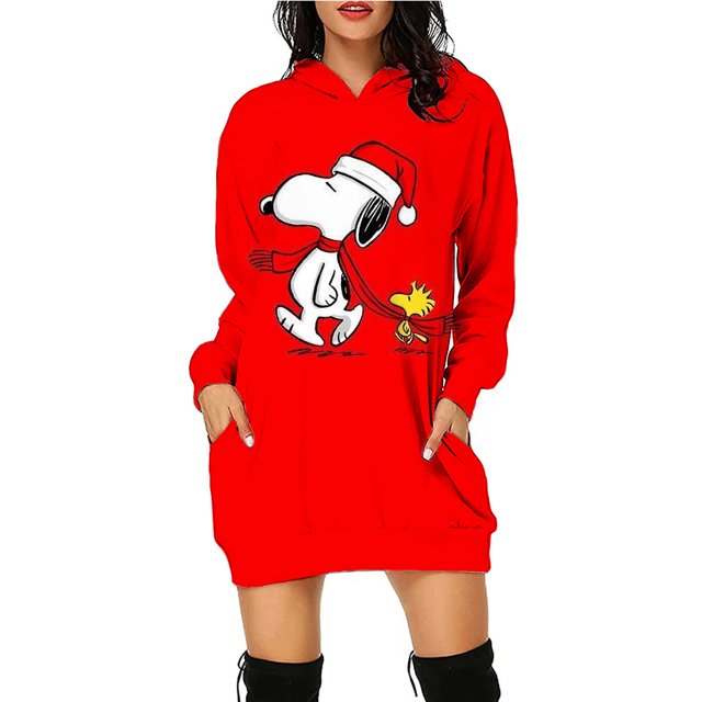 Otoño e Invierno mujer Snoopy lindo estampado Disney serie navideña señoras moda Sudadera con capucha vestido Casual vestido de manga larga