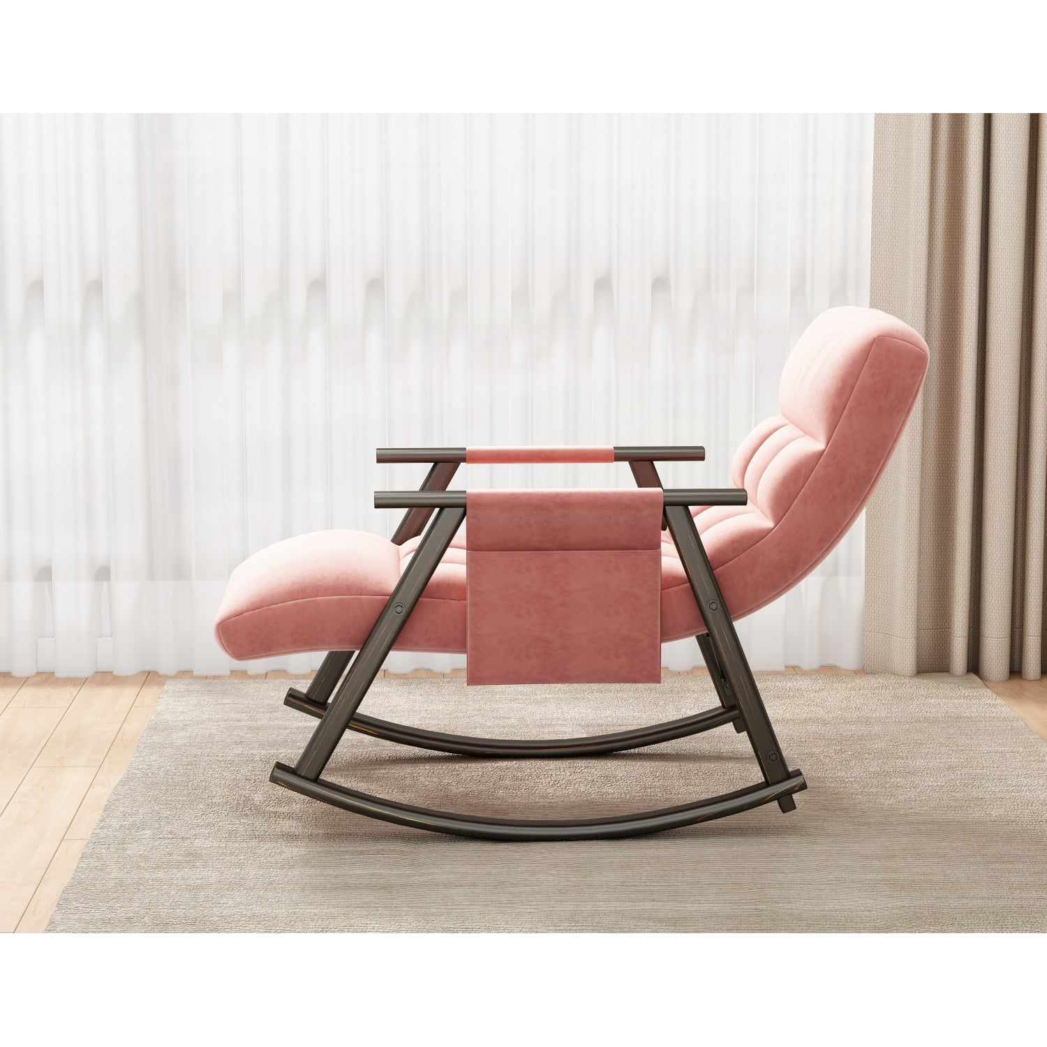 Casual Folding Rocking Chair Lounge Chair with Adjustable Back and Footrest, Pink Plush Velvet
