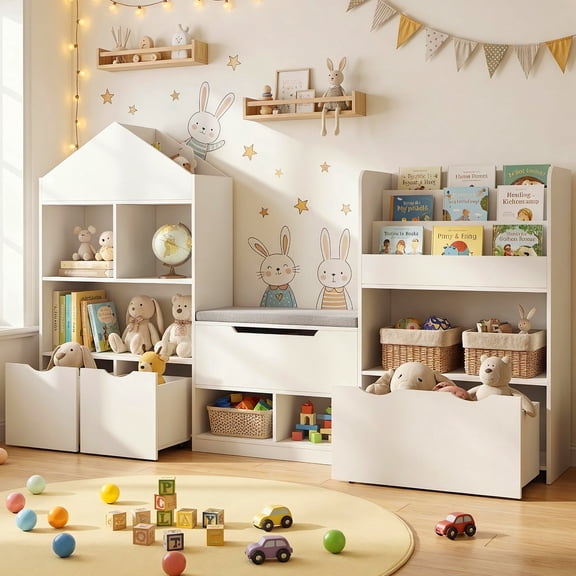 Magic Union 72" Kids Bookshelf with Reading Nook, Kids Bookcase and Toy Storage Organizer with Seat Cushion & Movable Drawers, Toddler Book Shelf with Storage Cubbies for Bedroom, Nursery, Playroom