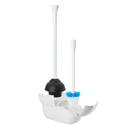 OXO Good Grips Bathroom Hideaway Toilet Brush and Plunger Combination Set, White