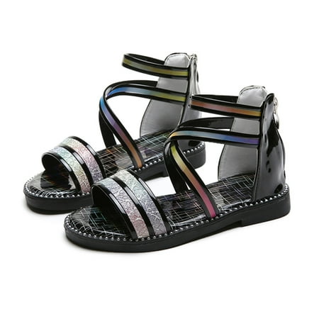 

kpoplk Sandals For Boys Girls Sandals With Zipper Strappy Sandals Toddler Little Kid Big Kids Princess Toddler Girls Shoes(Black)