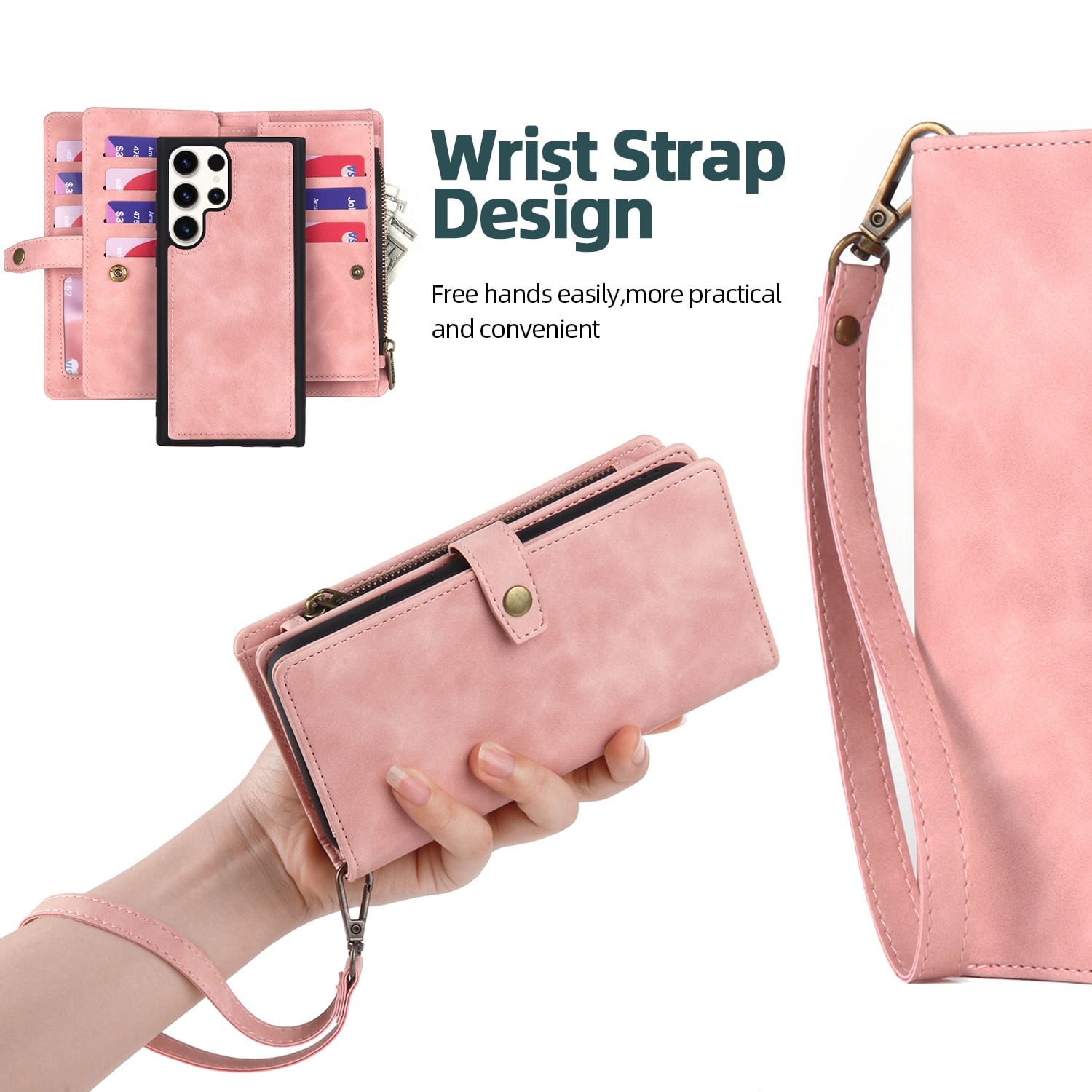 Dteck for Samsung Galaxy S23 Ultra Case, Samsung S23 Ultra Wallet Case for Women Men, PU Leather Flip Lanyard Strap Wristlet Zipper Card Holder Magnetic Detachable Phone Case for S23 Ultra,Pink