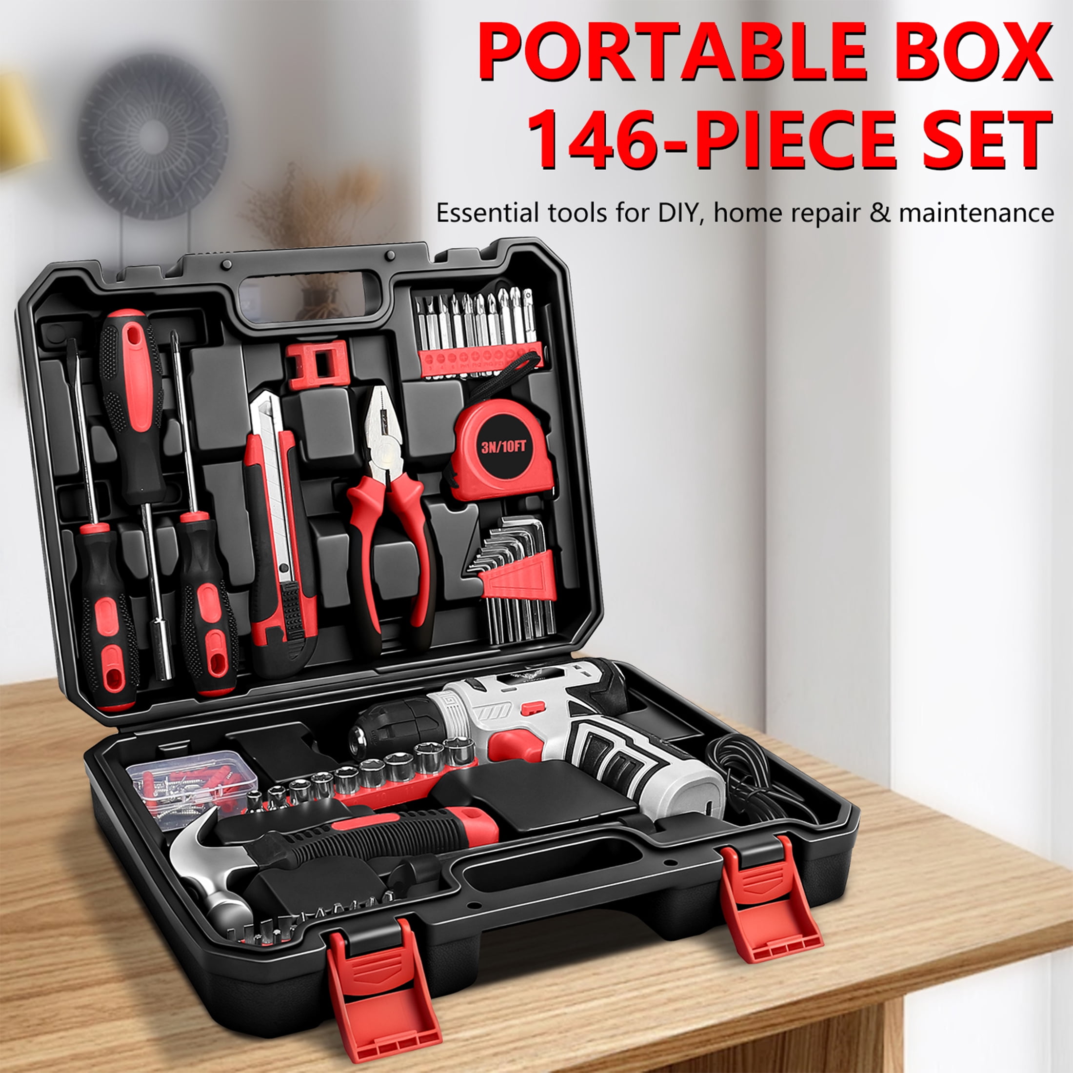 JENABOM Tool Set - 8V Cordless Drill Set, 146 Pcs Box with Hand Drill, Home Tool Kits, Variable Speed, Home Improvement & DIY (Gray & Red)