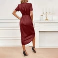 thumbnail image 4 of Women's Pleated Midi Dress, V Neck Short Sleeve Satin Slim Fit Dress, Glamorous Dress for Cocktail Party or Dinner, Wine - S, 4 of 8