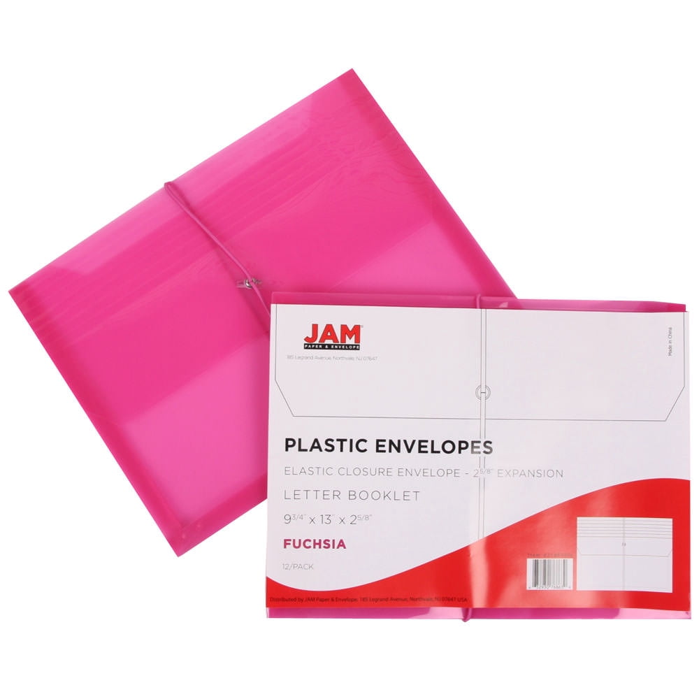 JAM Paper Plastic Expansion Envelopes, Elastic Band Closure, Letter Booklet, 9 3/4 x 13, 2.5 in Expansion, Pink, 3/Pack