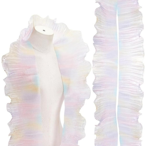 5,47 yardas de adorno de gasa plisada con volantes iridiscentes, 5,9 pulgadas de cinta de encaje transparente con volantes de organza, borde decorativo de encaje de organza de tul