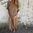 thumbnail image 6 of Feancey Linen Shift Dress for Women Pleated V Neck Short Sleeve Midi Dresses Summer Casual Loose T-Shirt Dress Solid Vintage Beach Vacation Dresses Khaki XXL, 6 of 9