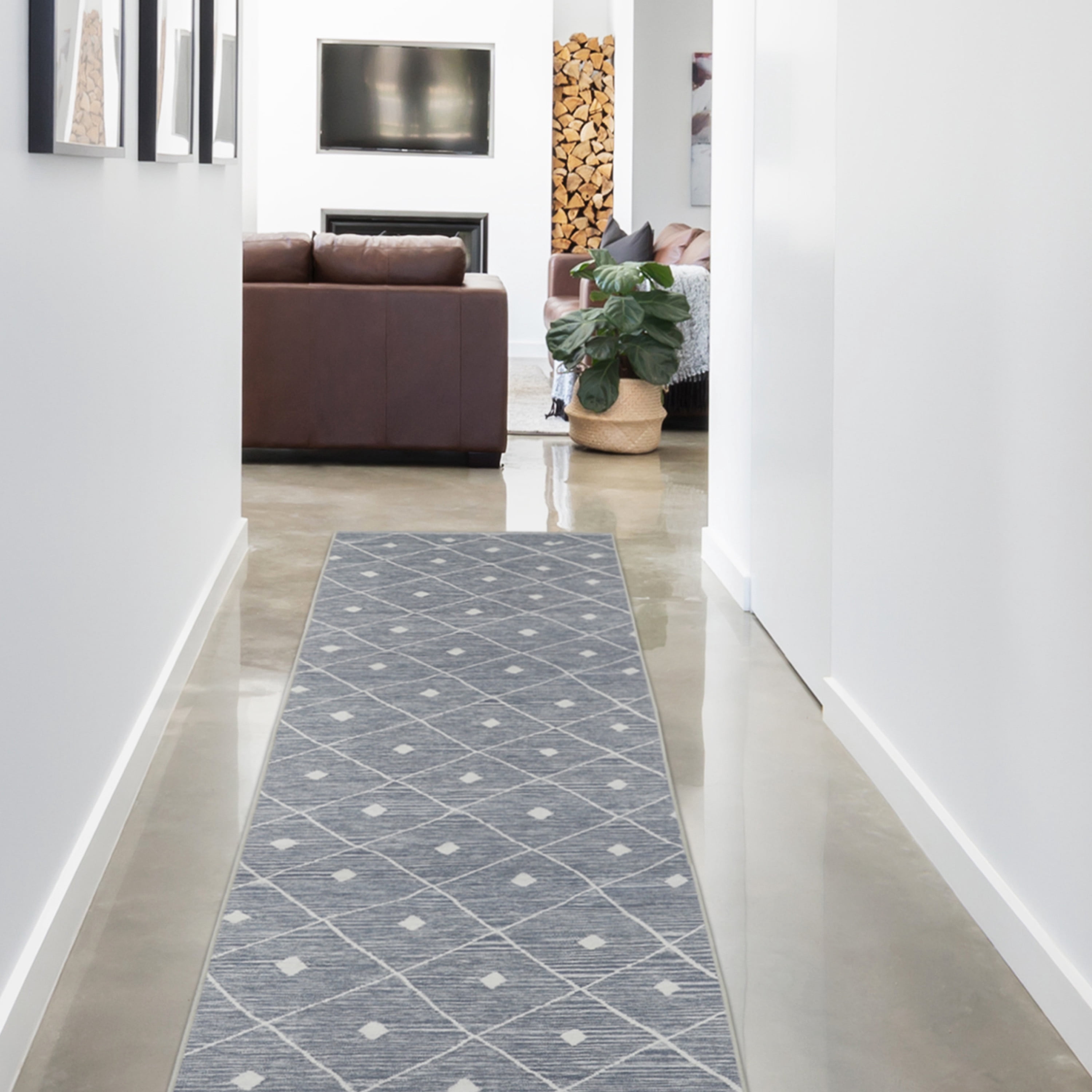 Washable Skid-Resistant Runner Rug Geometric Blue/Grey 24" x 96"