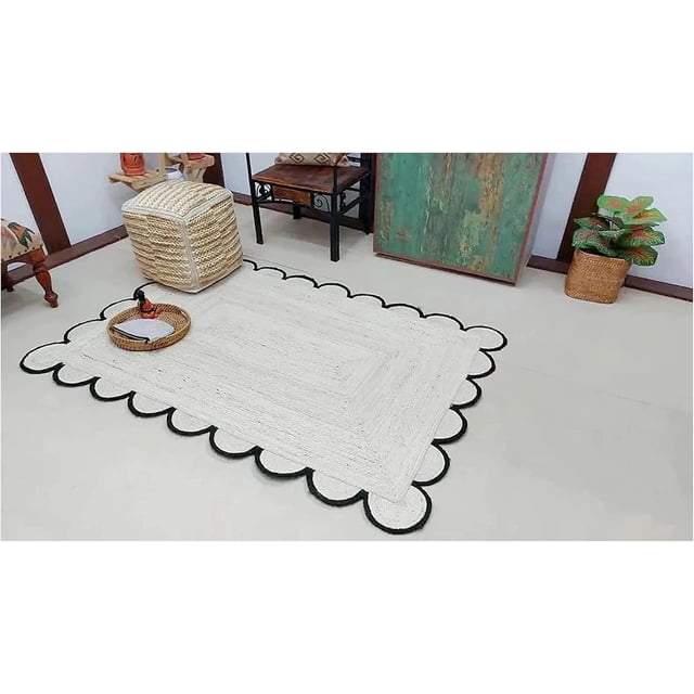 Natural Jute Scalloped Rug, Natural Jute Rug, Bohemian Scallop Rug, Boho Decor Rug, Area Rug, Handwoven Jute Rug, Custom Rug, Decorative Rug (5x7 feet Jute Rug, White+Black)