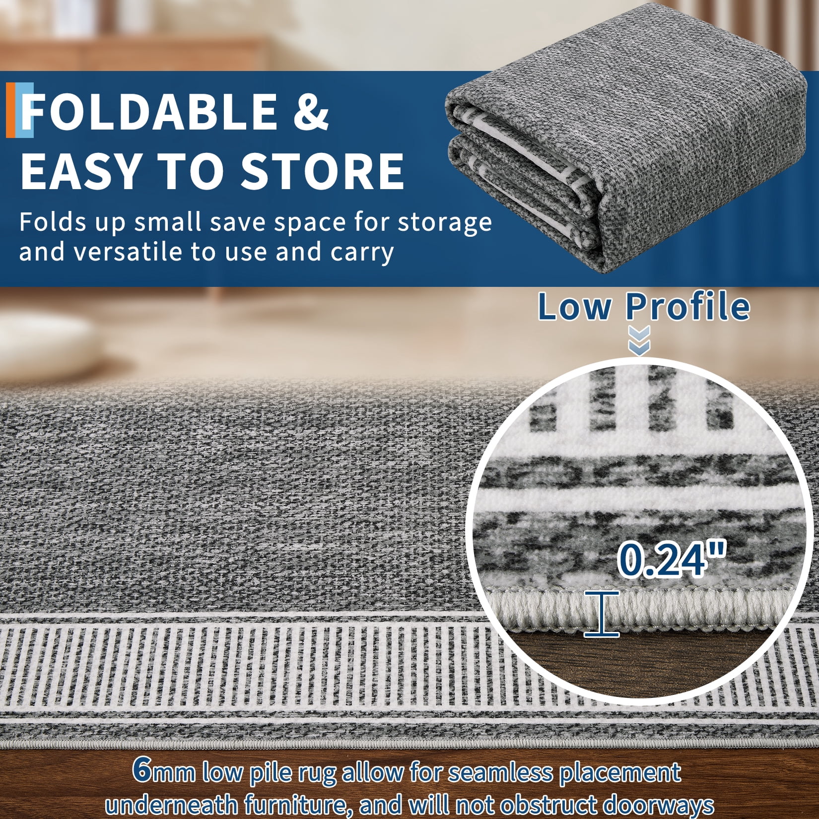 Garvee Indoor Bordered Area Rug, 8'x10' Modern Non Slip Rubber Backing Washable Rug Low Pile Striped Rugs Carpet for Bedroom Living Room Nursery Office, Gray