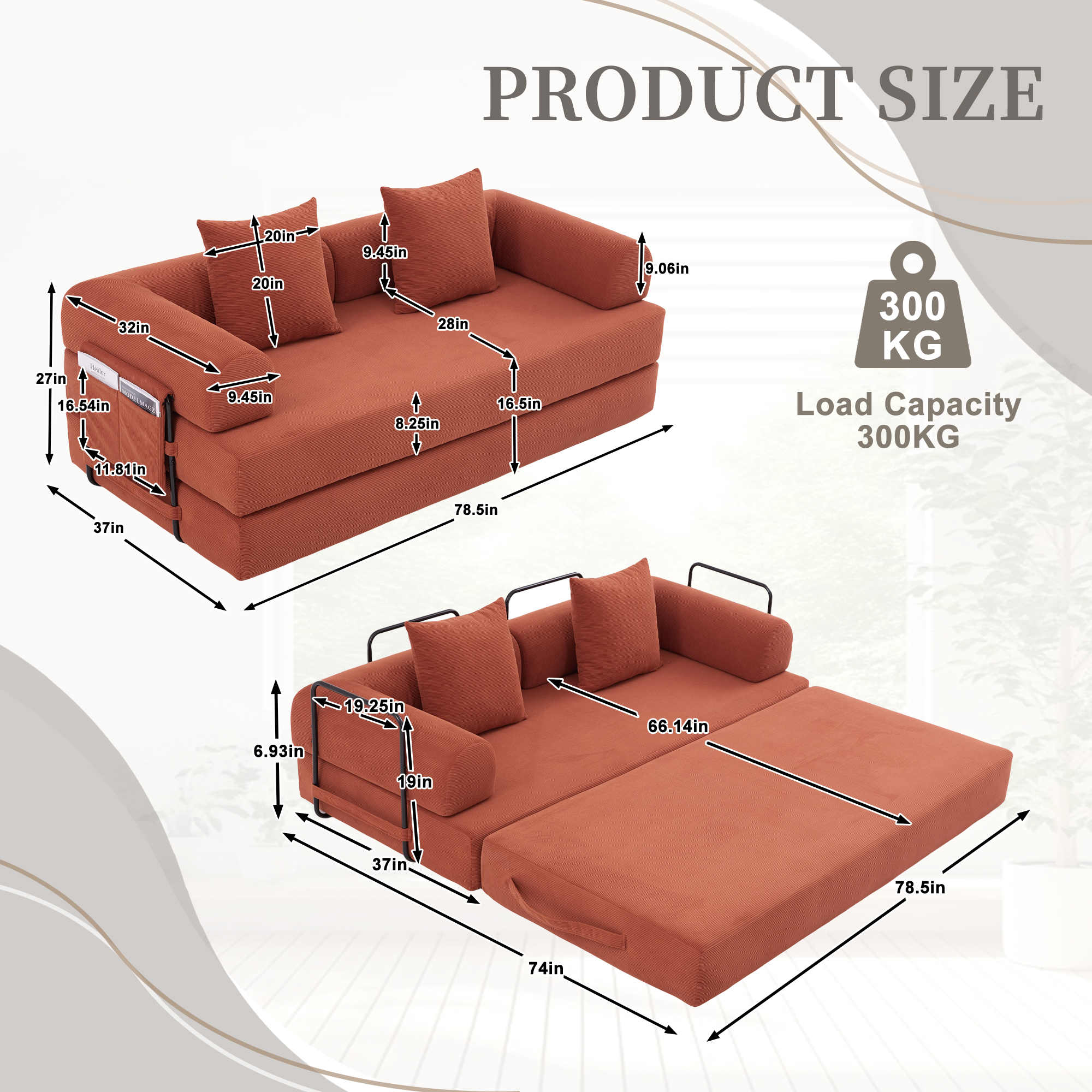 MOONMISS Corduroy Upholstered Modern Comfort Foldable Compressible Sofa Bed with Sturdy Metal Frame-Orange