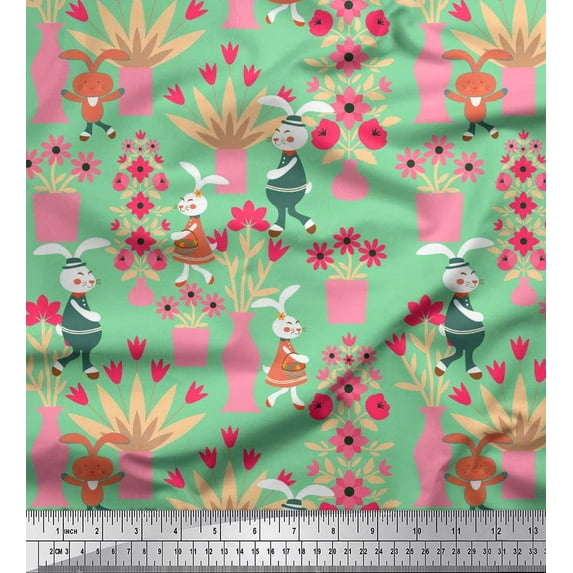 Soimoi Modal Satin Fabric Flower Vase & Bunny Cartoon Fabric Prints by Yard 42 Inch Wide