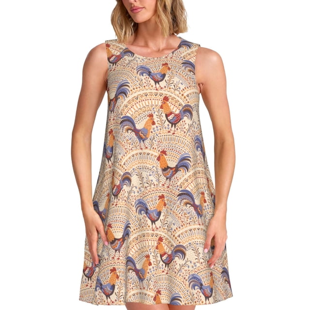 Easygdp Roosters In Floral para Vestido Transpirable de Mujer, Vestido Suelto de Manga Corta con Pliegues y Bolsillos para el Verano