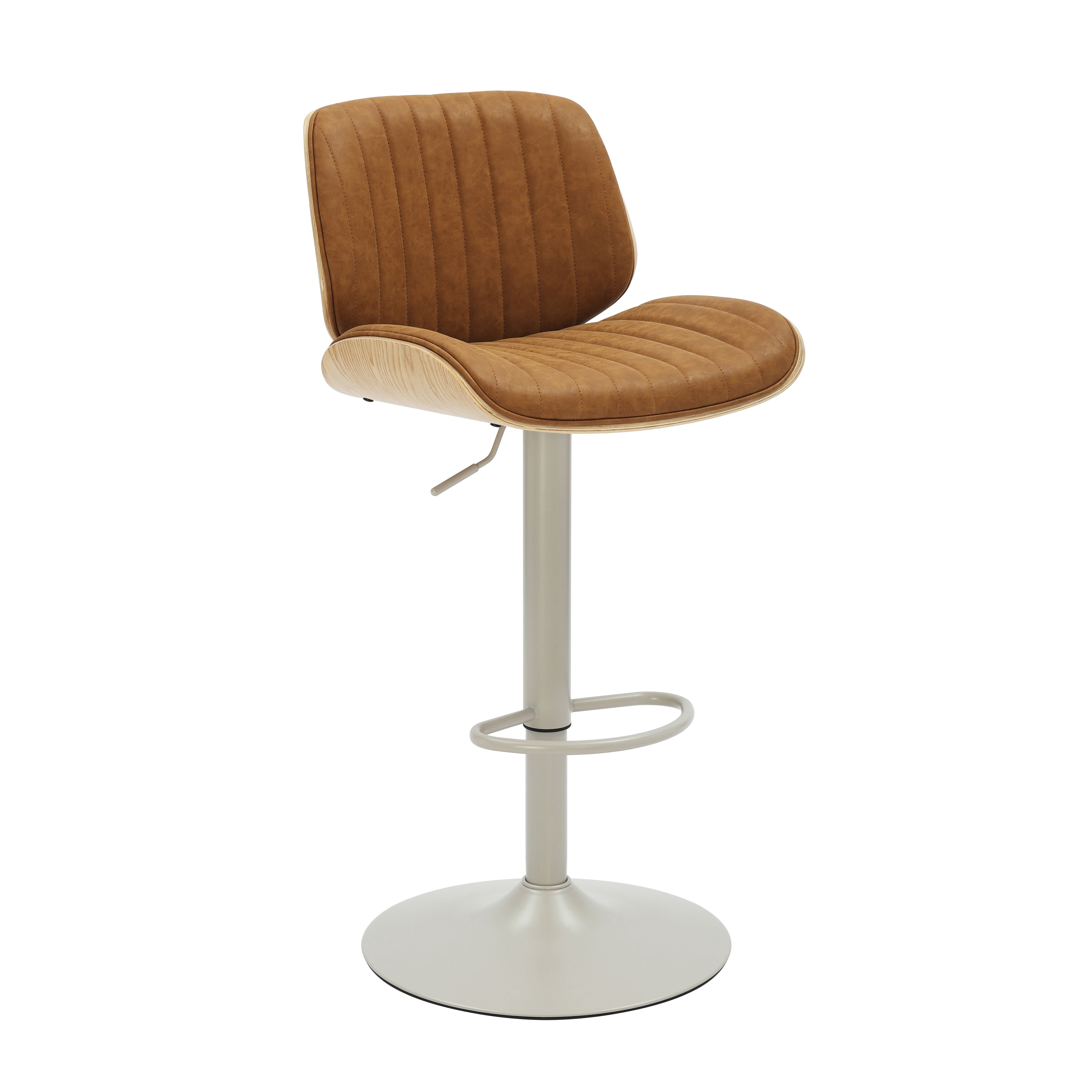 Brock Adjustable Swivel Camel Curved Back Wood Bar Stool with Faux Leather Seat