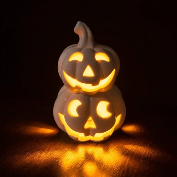 Liamobondopolis Stacked Ceramic Pumpkin Light Figurine Warm LED Jack O Lantern Statue for Halloween Mantel Desk Farmhouse Tabletop Decor 4.7in