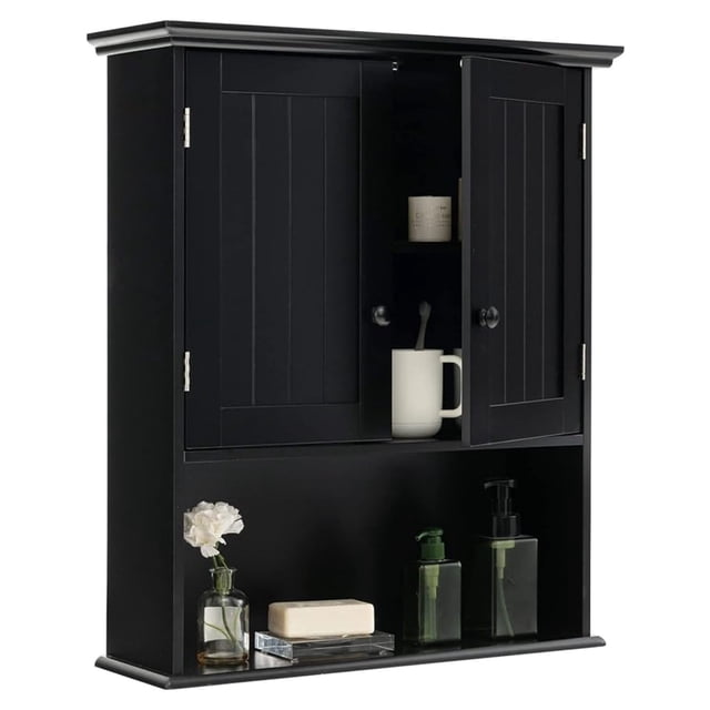 Wall Mount Bathroom Cabinet, Wooden Medicine Cabinet with 2 Doors & 1 Shelf, Cottage Collection Wall Organizer, Black