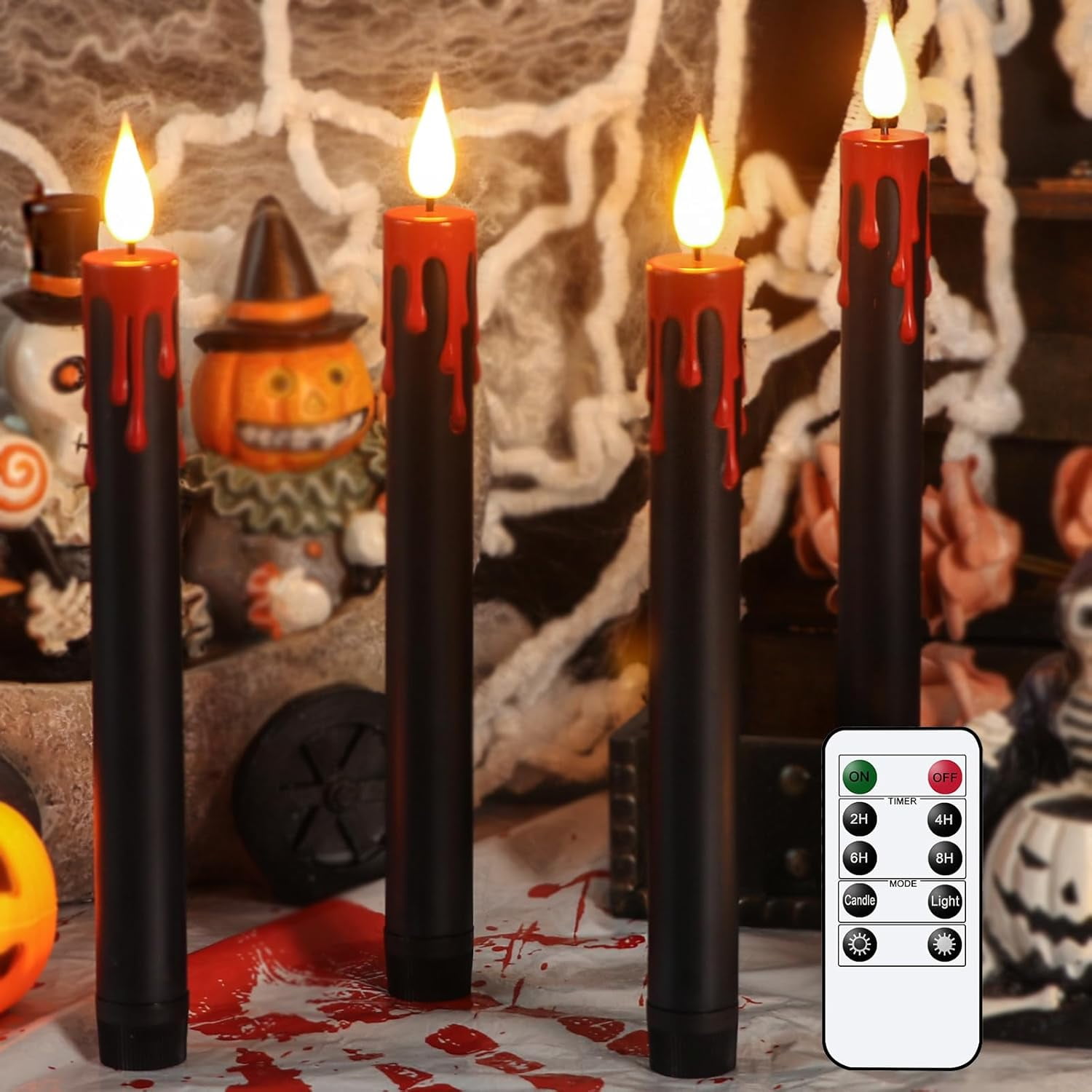 Halloween Black Flameless Taper Candles with Remote Timer, 6Pcs Red Drip LED Candlesticks with 3D Flickering Flame for Home Fall Indoor Halloween Decor(0.78 x 8.9 Inches)