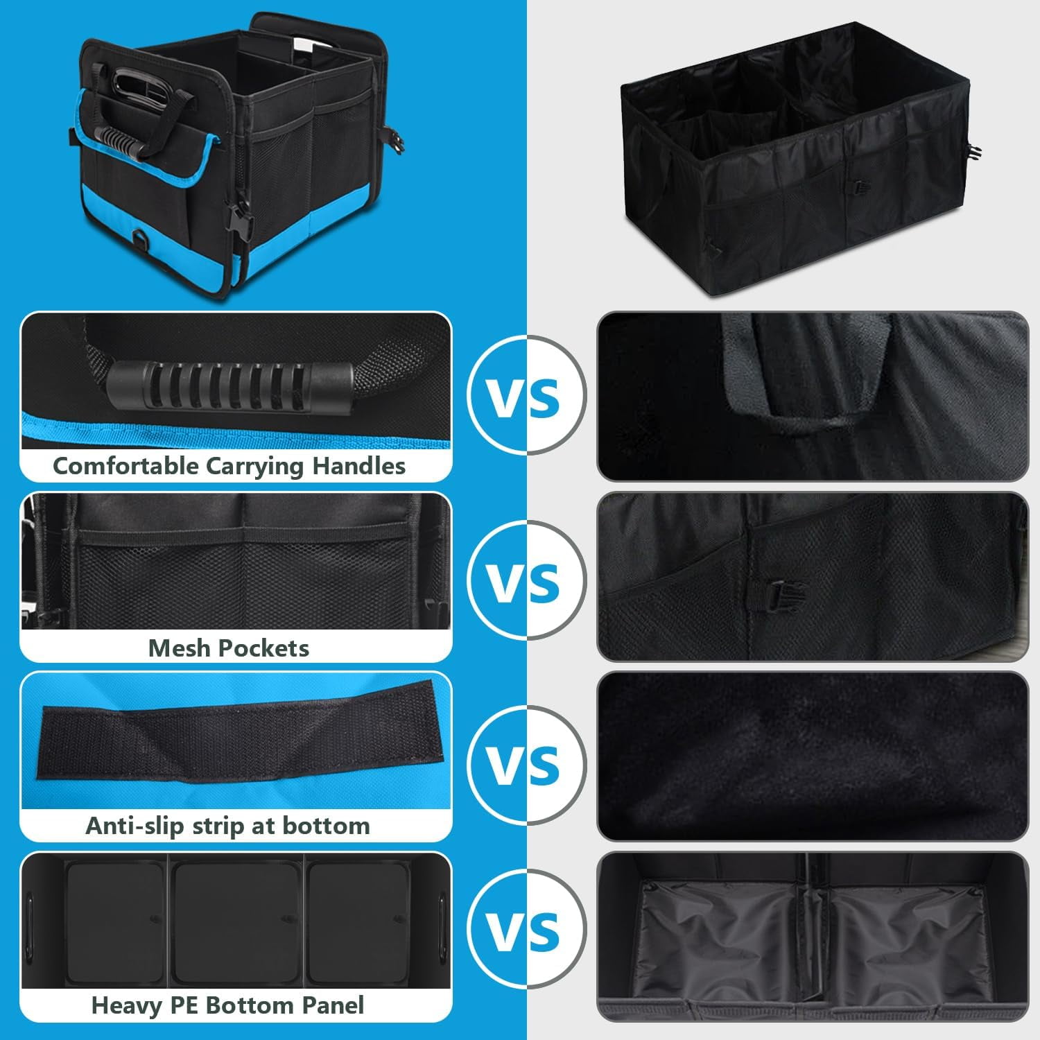 Trunk Organizer for Car, Car Storage Organizer with Non-Slip Bottom Strips, 95L Large Capacity Cargo Organizer for Suv, Truck, Sedan, Waterproof Portable Car Organizers for Women Men（Blue）