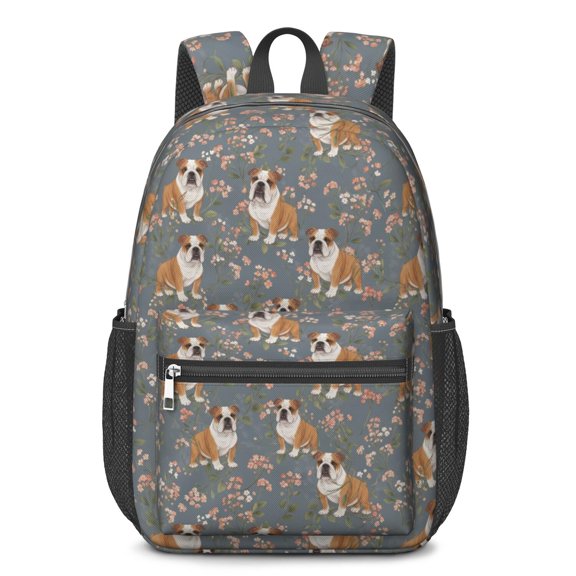 Bulldog and Floral Blue Pattern 17" Waterproof Oxford School Backpacks for Teens, S-Shape Padded Straps, for School, Travel, Hiking, Camping