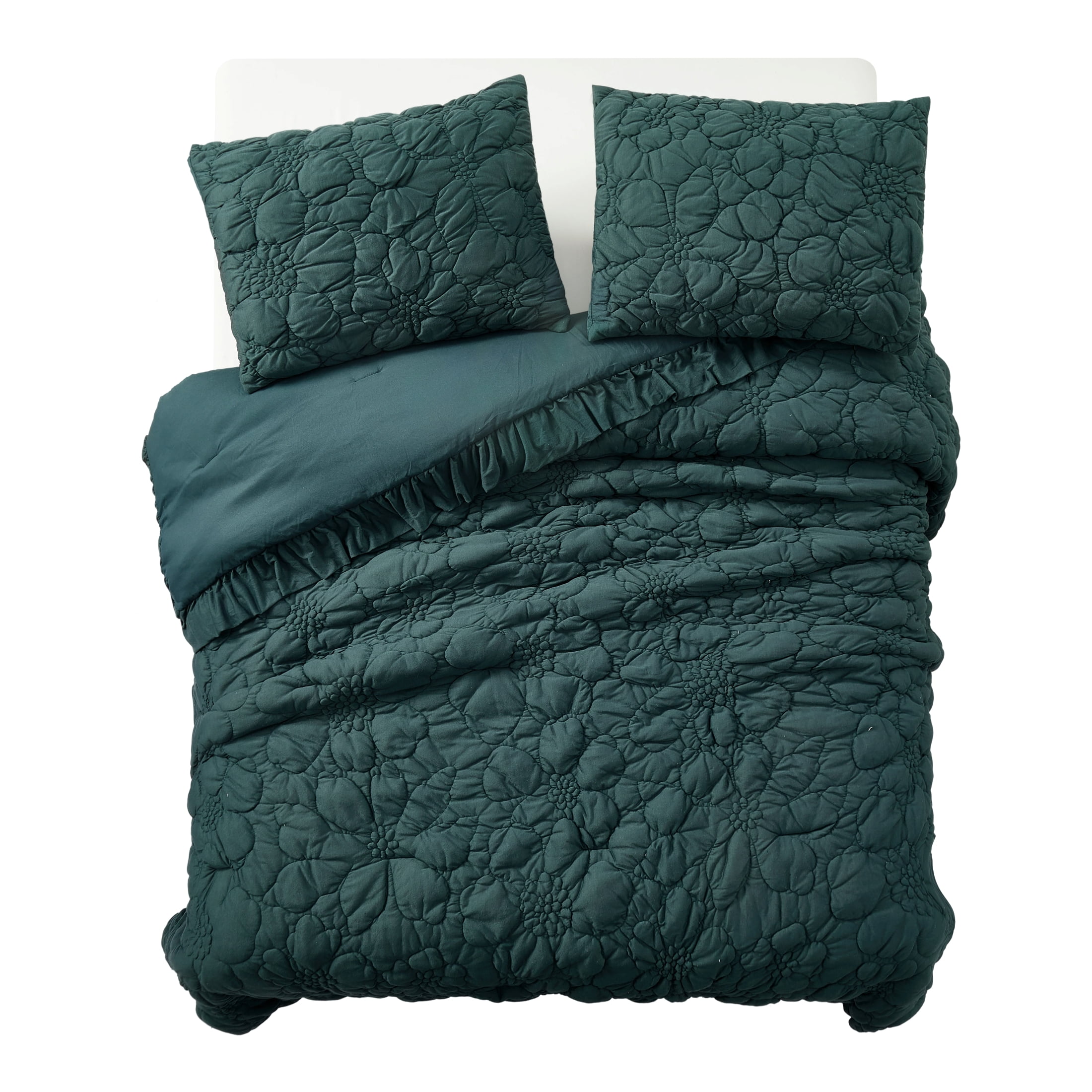 The Pioneer Woman Ruched Floral 3-Piece Comforter Set, Full/Queen, All Season, Teal