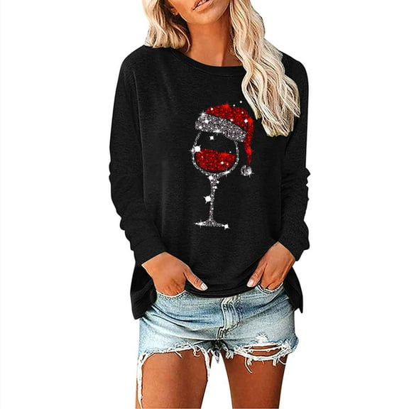 Dianli Women Tops Blouses Long Sleeve Round Neck Xmas Hat Wine Glass Print Tunic Tops for Women Fashion Loose Casual Blouse Pullover Elegant Trendy Clothes