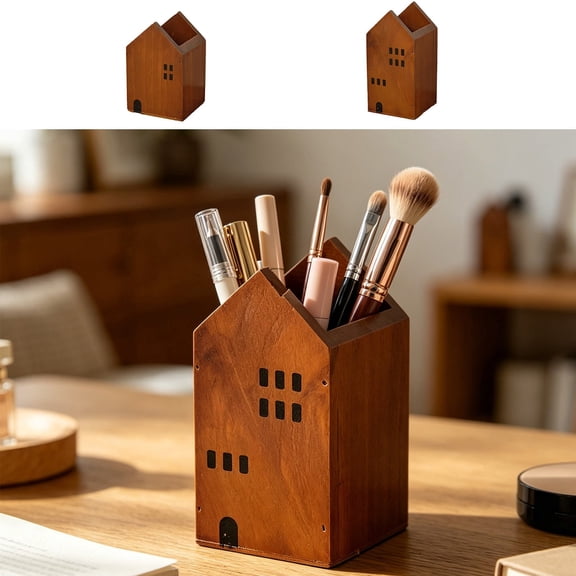 Wooden Pen Holder House Shaped Desk Organizer • Cute Desktop Storage Container • Rustic Office Supply Caddy • Makeup Brush or Toothbrush Holder