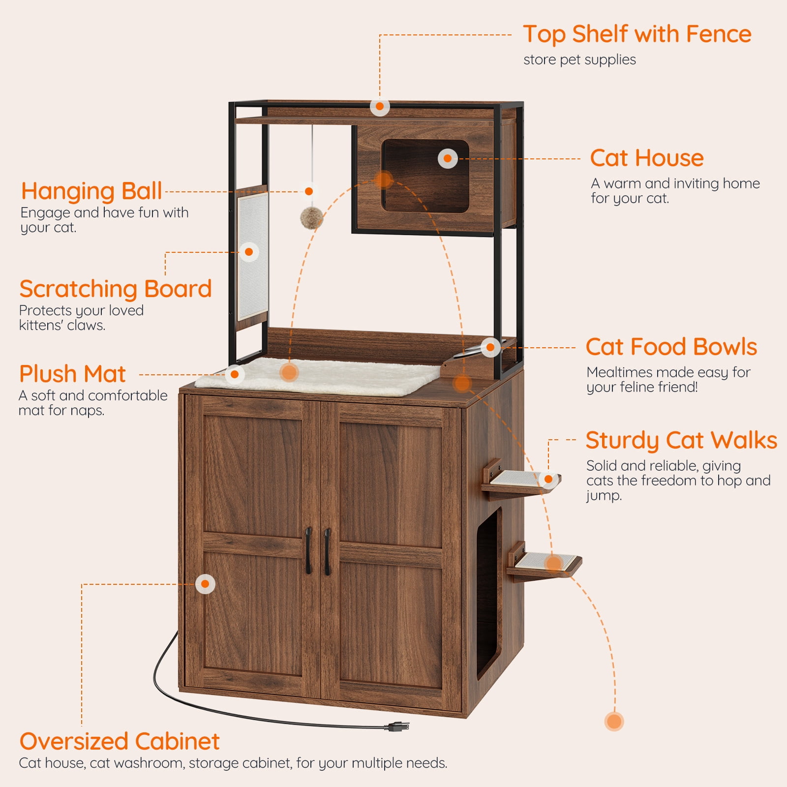 HOOBRO Cat Tree with Hidden Litter Box Enclosure & Scratching Mat, Walnut