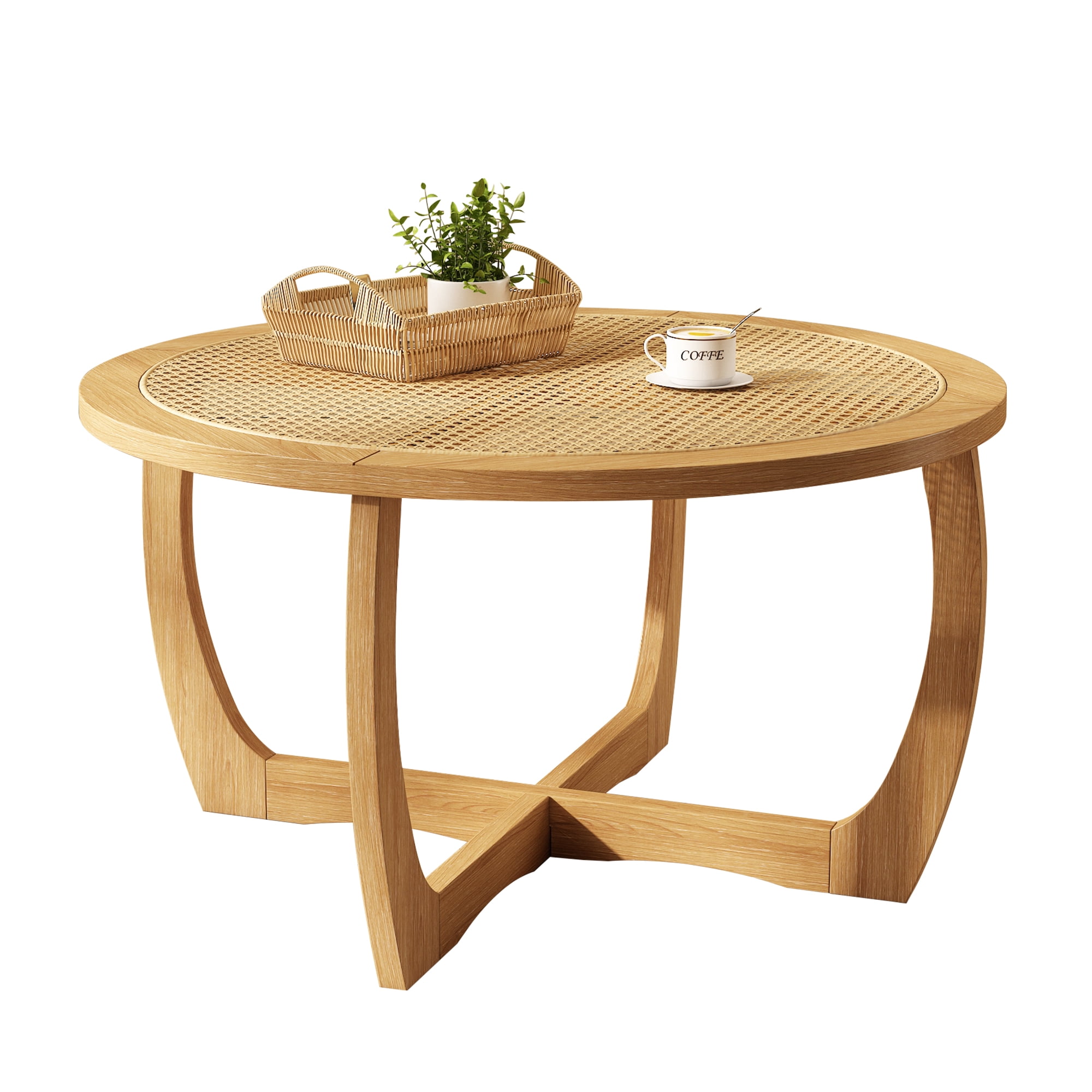 Round Wood Coffee Table with Handmade Rattan Top, Solid Circle Wooden Center Table with Curved Legs, Farmhouse Cocktail Table for Living Room, Light Brown 32.28" x 18"