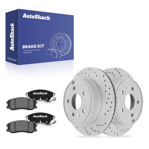 AutoShack Rear Vented Drilled & Slotted Coated Brake Rotors Silver Matte Finish   Ceramic Pads 6-PC Brake Kit Replacement for 2010-2017 Chevrolet Equinox TurboGuard 11.93" (302.9 mm)