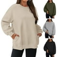 thumbnail image 2 of Fall Winter Women Sweatshirt Thickened Plush Round Neck Solid Color Loose Split Hem Pockets Pullover Mid Length Warm Sport Daily Wear Top, 2 of 8