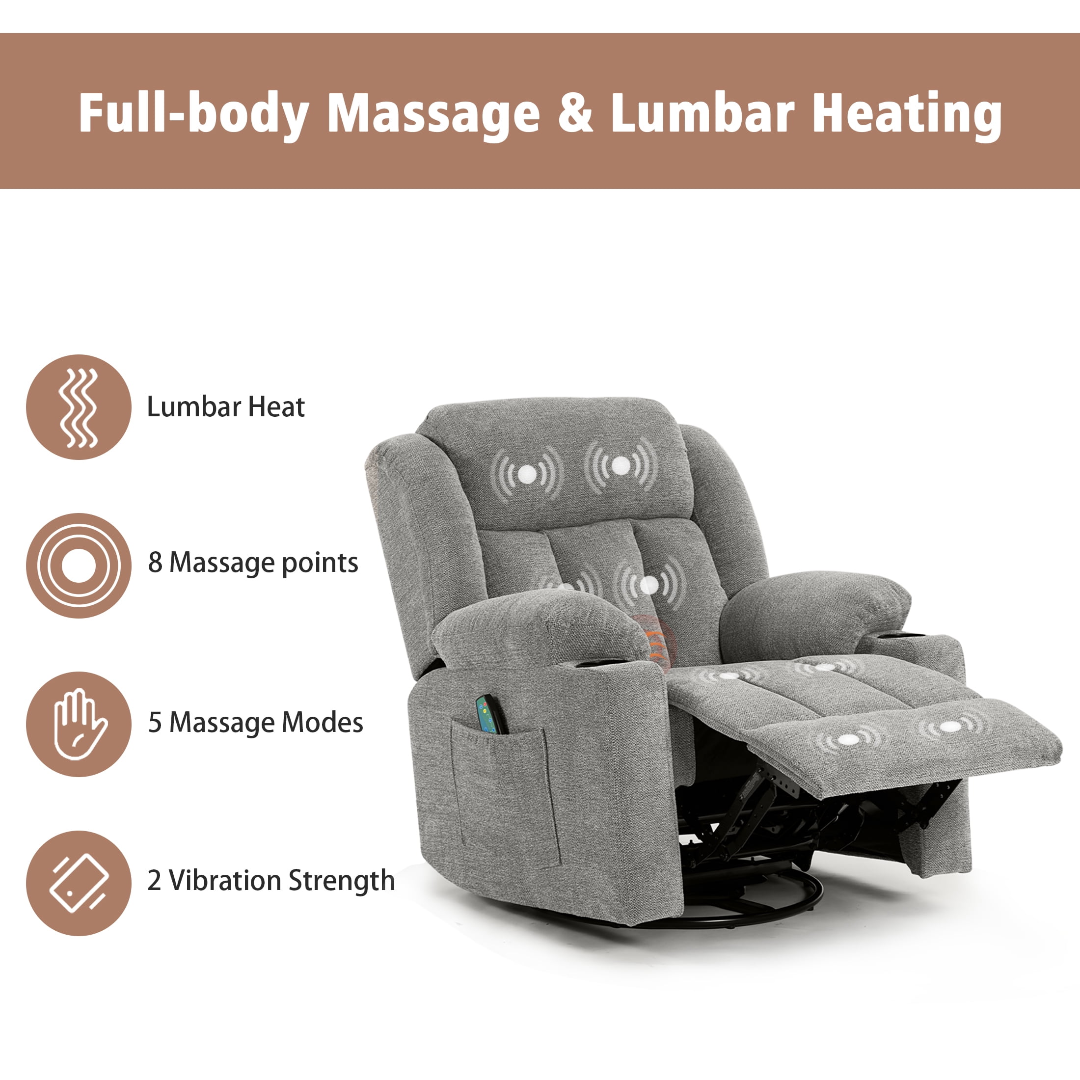 Sfxingyou Adult Fabric Solid Print Recliner Chair with Massage and Heat, Gray