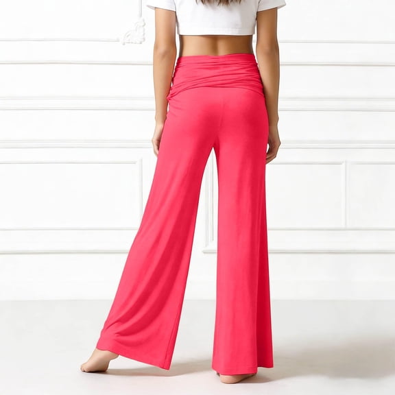 Girls Coral Fold Over Flared Yoga Pants High Waist Ruched Wide Leg Casual Comfortable Lounge Trousers Hot Pink 140