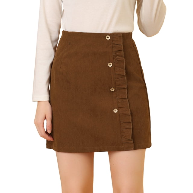 INSPIRE CHIC Falda cruzada de imitación de cintura alta con ribete con volantes y decoración de botones vintage de pana para mujer Marrón M