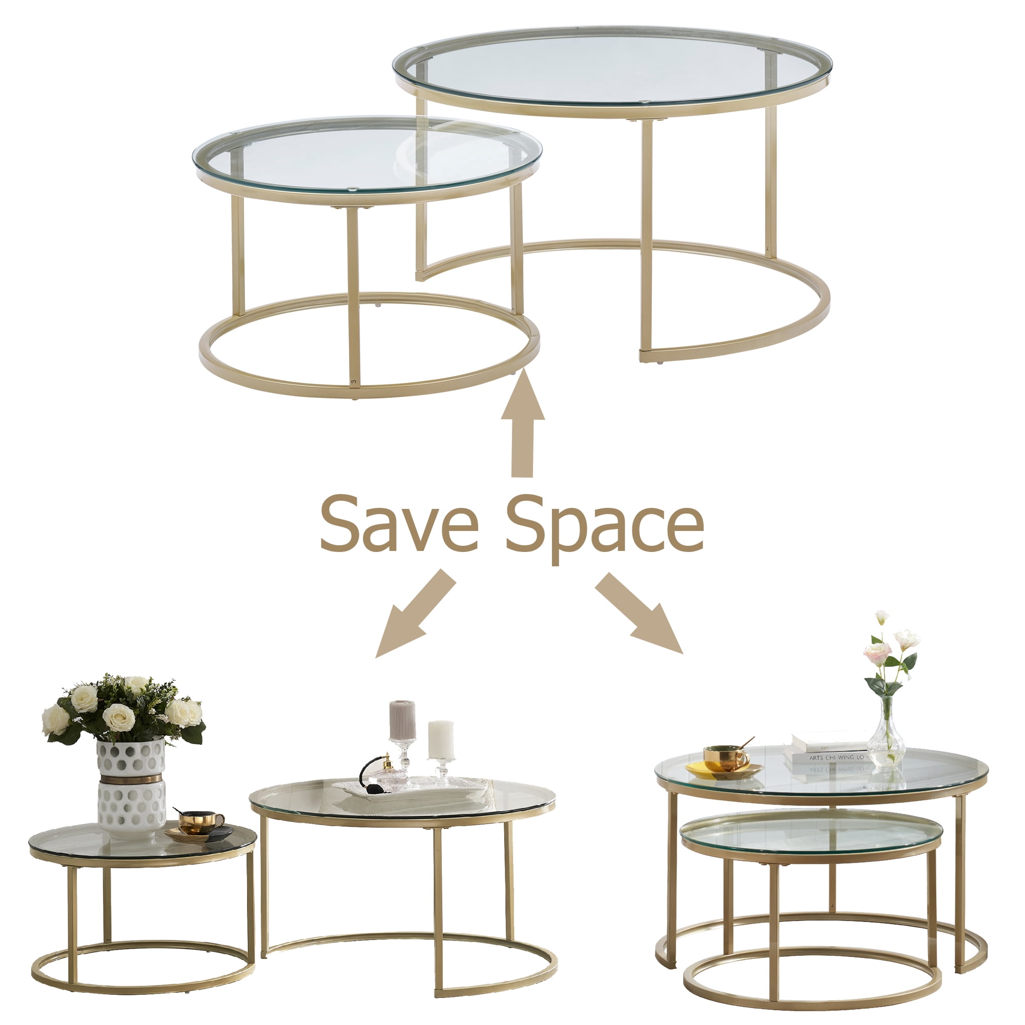 Modern Round Nesting Coffee Table Set with 31.5 inch Tempering Glass Top and Golden Metal Legs Stacking Side Tea Table for Living Room
