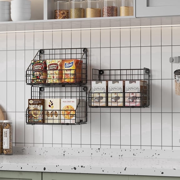 X-cosrack 3-Tier Stackable Wire Storage Baskets, Wall Mount Pantry Organizer & Snack Dispenser Rack with 5 Hooks, Open Front Metal Bin for Kitchen Cabinet, Produce & Fruit, Black