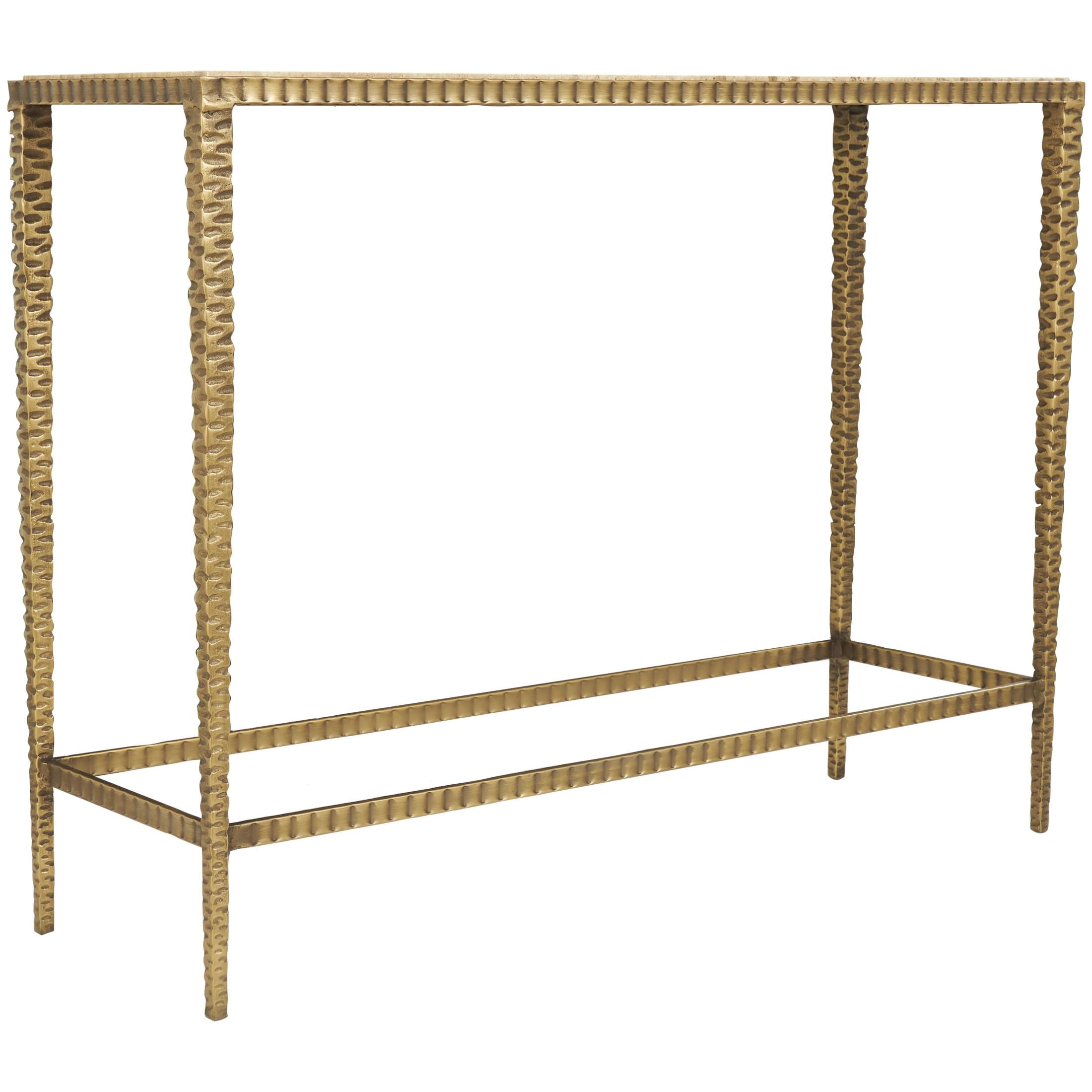 DecMode 37" x 28" Beige Marble Slim Rectangular Console Table with Hammered Gold Metal Legs, 1-Piece